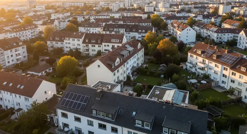 Aerial drone view of typical German residential neighborhood with mixed roof types, red and dark roof tiles, gardens visible, sunny day