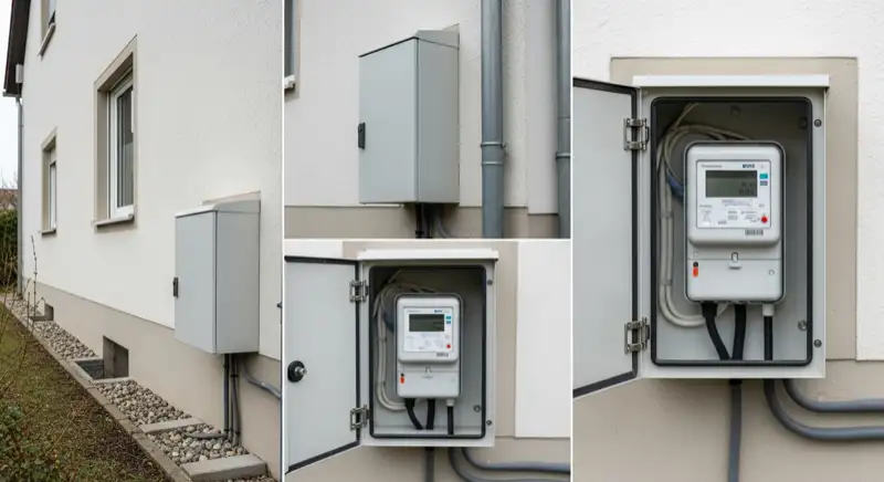 Modern German electrical meter cabinet (Zählerschrank) with smart meter and solar inverter connection, clean technical installation
