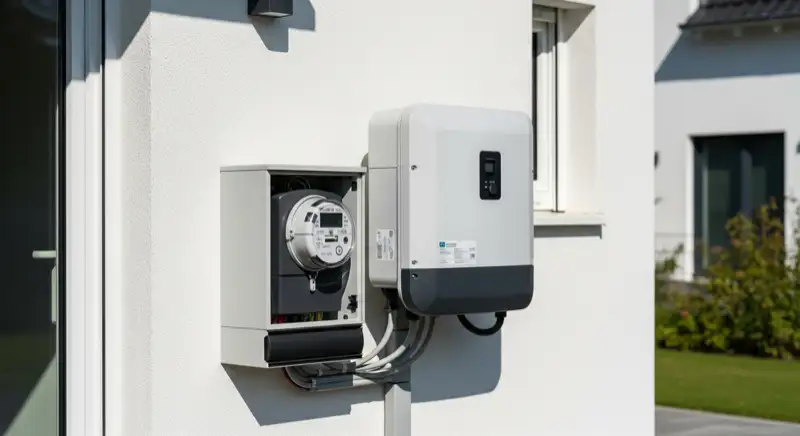 Modern German electrical meter cabinet (Zählerschrank) with smart meter and solar inverter connection, clean technical installation