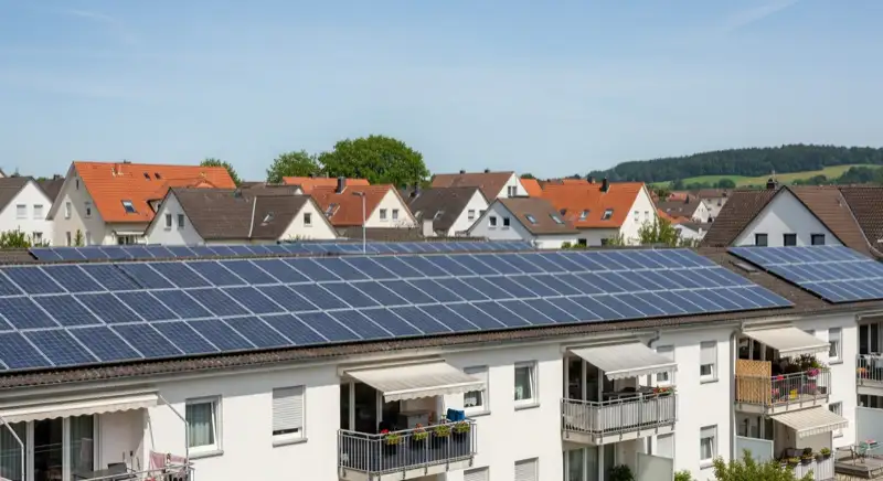 Aerial drone view of typical German residential neighborhood with mixed roof types, red and dark roof tiles, gardens visible, sunny day