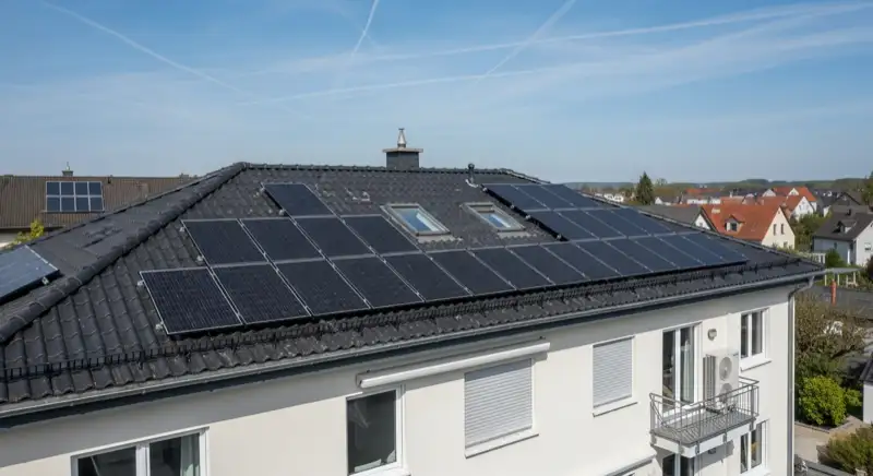 Einfamilienhaus mit moderner PV-Anlage auf Satteldach in Bonner Villenviertel mit sichtbaren Modulen und Wechselrichter-Installation