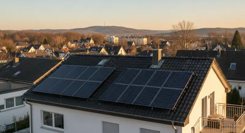 Moderne Solaranlage auf Einfamilienhaus in Bonn-Beuel mit Blick auf das Siebengebirge