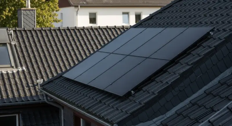 Historische Bergarbeitersiedlung in Bottrop-Batenbrock mit diskret integrierten schwarzen Solarmodulen auf Hofseite