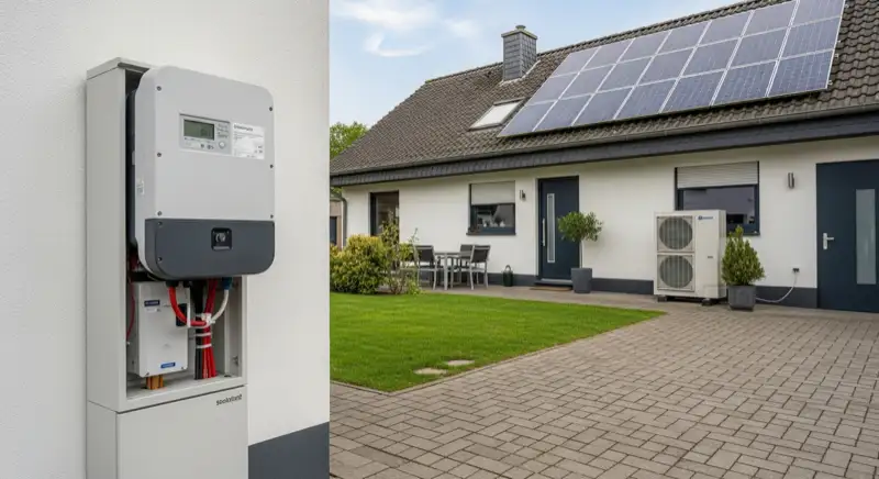 Modern German electrical meter cabinet (Zählerschrank) with smart meter and solar inverter connection, clean technical installation