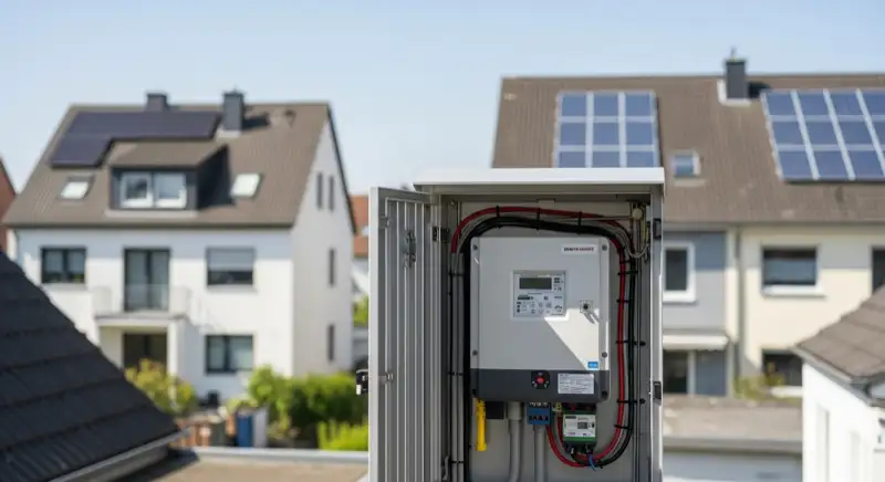 Modern German electrical meter cabinet (Zählerschrank) with smart meter and solar inverter connection, clean technical installation