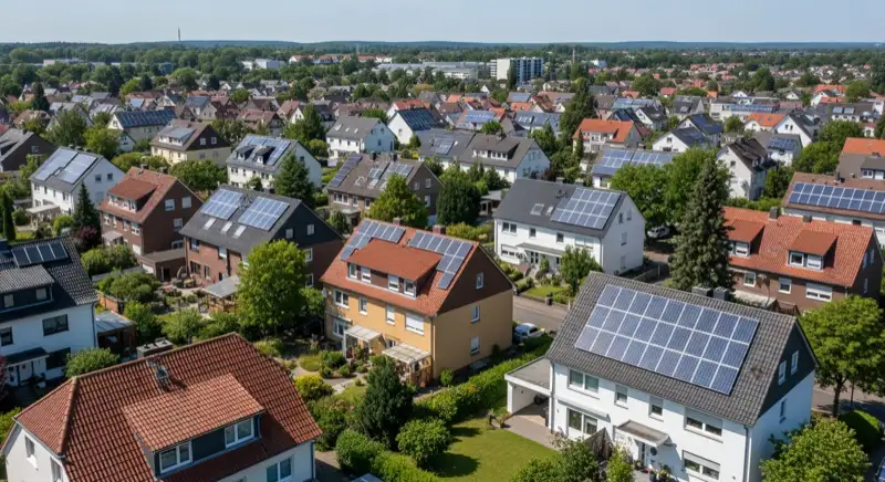 Aerial drone view of typical German residential neighborhood with mixed roof types, red and dark roof tiles, gardens visible, sunny day