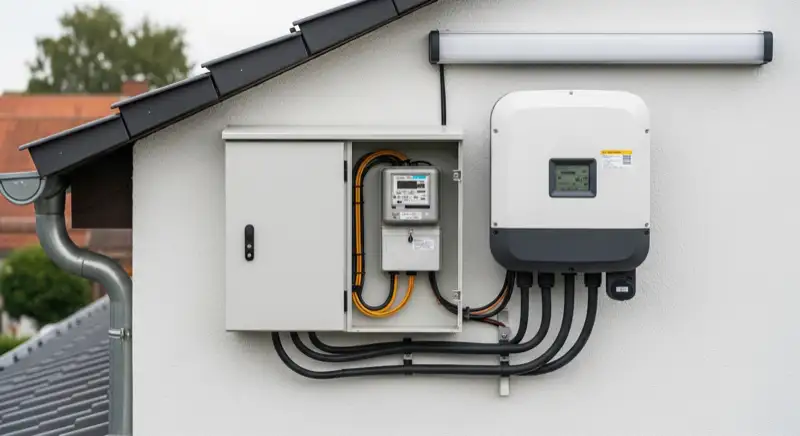 Modern German electrical meter cabinet (Zählerschrank) with smart meter and solar inverter connection, clean technical installation