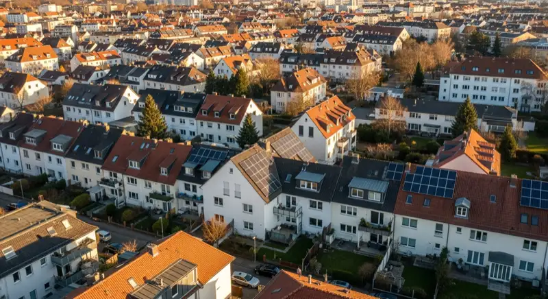 Aerial drone view of typical German residential neighborhood with mixed roof types, red and dark roof tiles, gardens visible, sunny day
