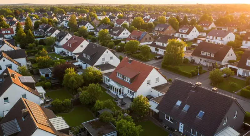 Aerial drone view of typical German residential neighborhood with mixed roof types, red and dark roof tiles, gardens visible, sunny day