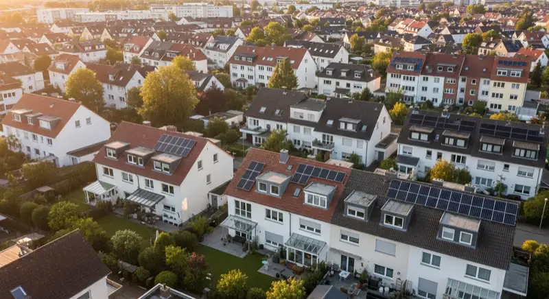 Aerial drone view of typical German residential neighborhood with mixed roof types, red and dark roof tiles, gardens visible, sunny day