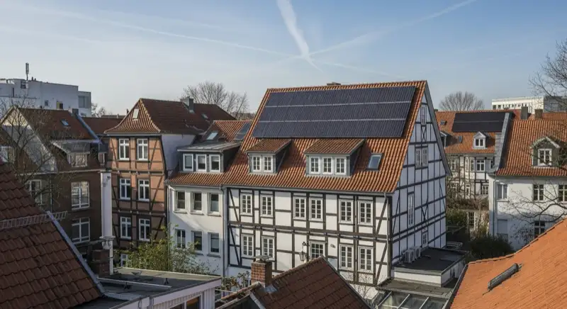 Historisches Fachwerkhaus im Bremer Schnoor mit dezent integrierter PV-Anlage auf dem Rückseiten-Dach