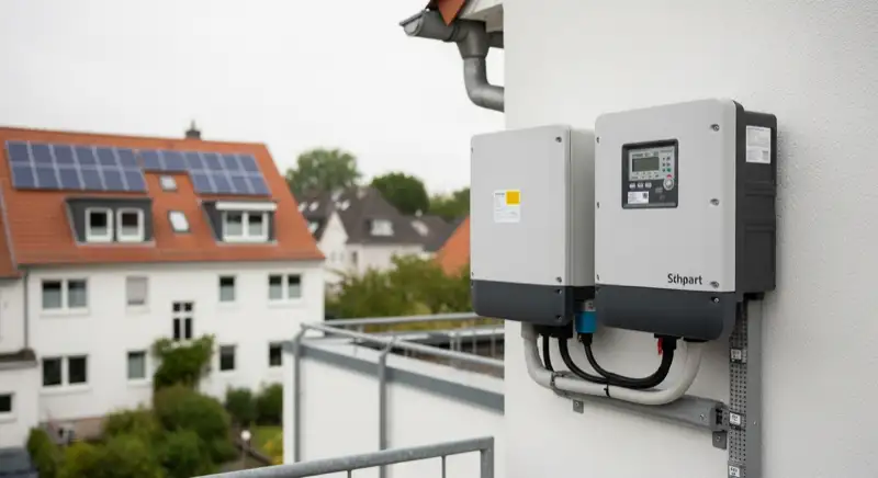 Modern German electrical meter cabinet (Zählerschrank) with smart meter and solar inverter connection, clean technical installation