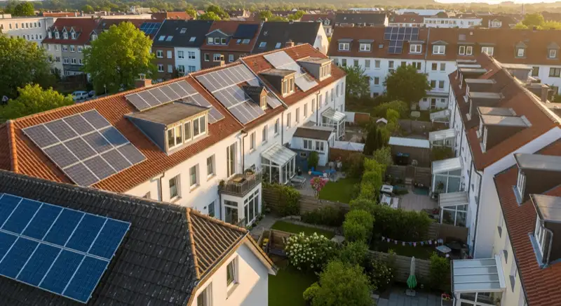 Aerial drone view of typical German residential neighborhood with mixed roof types, red and dark roof tiles, gardens visible, sunny day