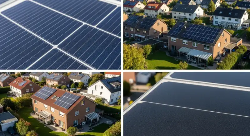 Aerial drone view of typical German residential neighborhood with mixed roof types, red and dark roof tiles, gardens visible, sunny day