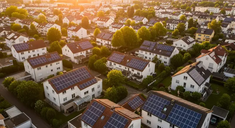 Aerial drone view of typical German residential neighborhood with mixed roof types, red and dark roof tiles, gardens visible, sunny day