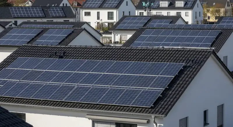 PV-Module in verschiedenen Ausrichtungen auf Dächern im Bruchsaler Wohngebiet