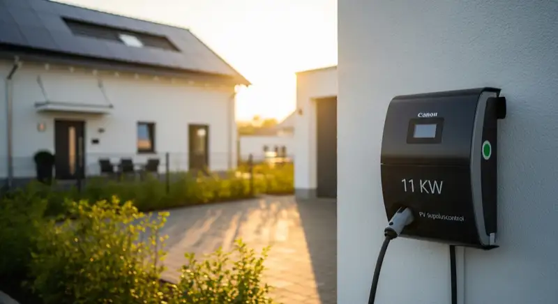 Moderne Wallbox an Einfamilienhaus mit Photovoltaikanlage in Bruchsaler Neubaugebiet