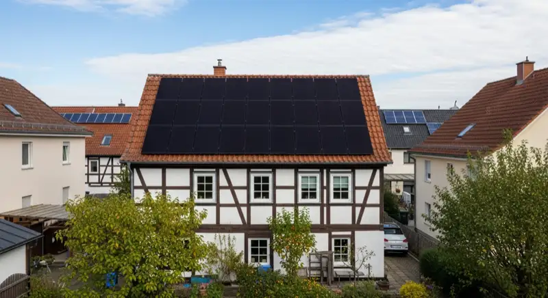 Historisches Fachwerkhaus in Brühl mit dezent integrierter schwarzer PV-Anlage auf der Rückseite