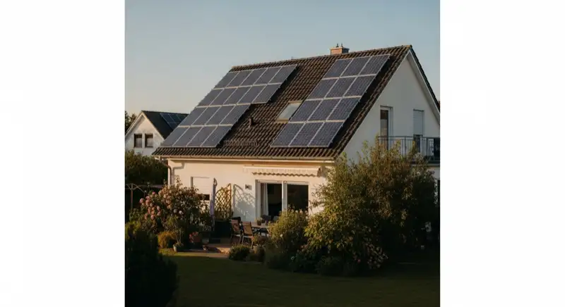German detached house (Einfamilienhaus) with photovoltaic panels on pitched roof, well-maintained garden, warm afternoon sunlight