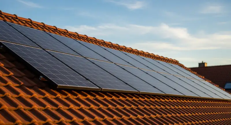 Close-up of photovoltaic solar panels installed on a traditional German Satteldach (gabled roof), blue sky with some clouds