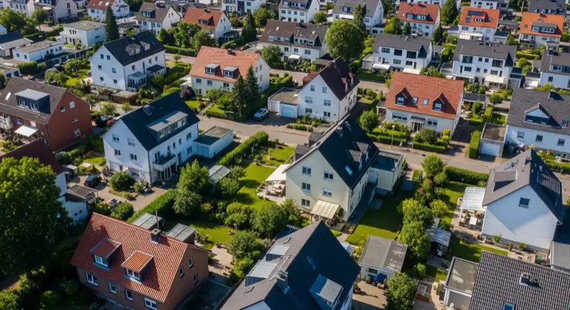 Aerial drone view of typical German residential neighborhood with mixed roof types, red and dark roof tiles, gardens visible, sunny day