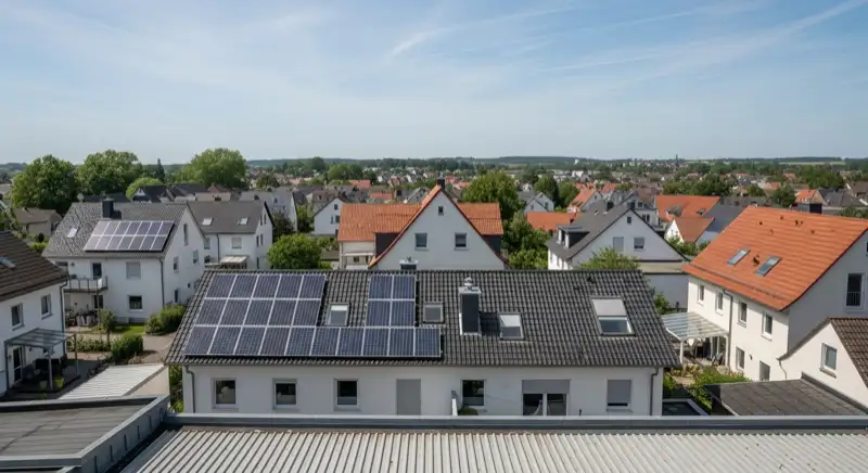 Aerial drone view of typical German residential neighborhood with mixed roof types, red and dark roof tiles, gardens visible, sunny day