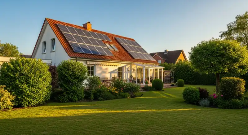 German detached house (Einfamilienhaus) with photovoltaic panels on pitched roof, well-maintained garden, warm afternoon sunlight