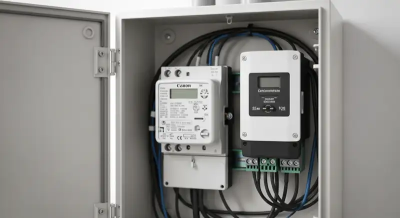 Modern German electrical meter cabinet (Zählerschrank) with smart meter and solar inverter connection, clean technical installation