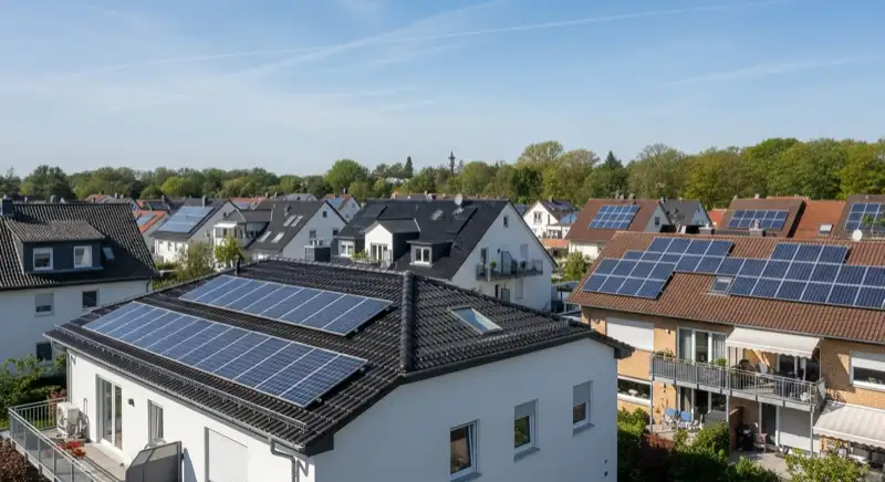 Aerial drone view of typical German residential neighborhood with mixed roof types, red and dark roof tiles, gardens visible, sunny day