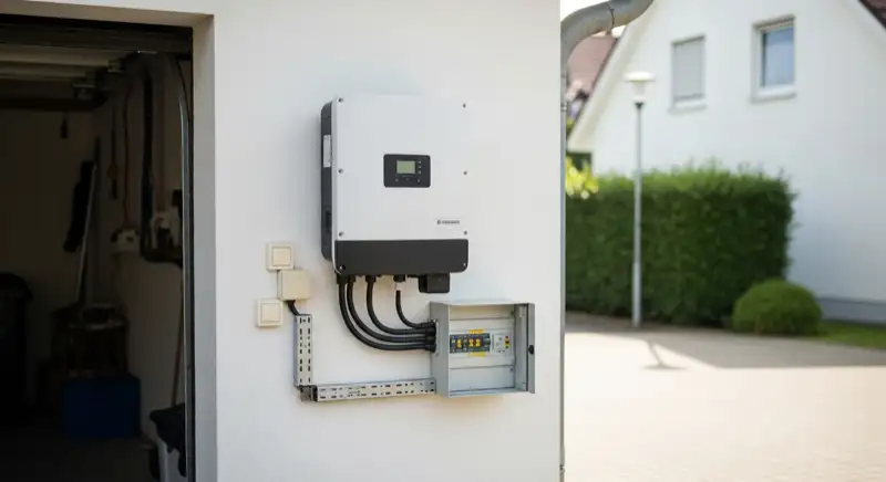 Modern solar inverter mounted on garage wall next to electrical panel, clean professional installation, natural daylight