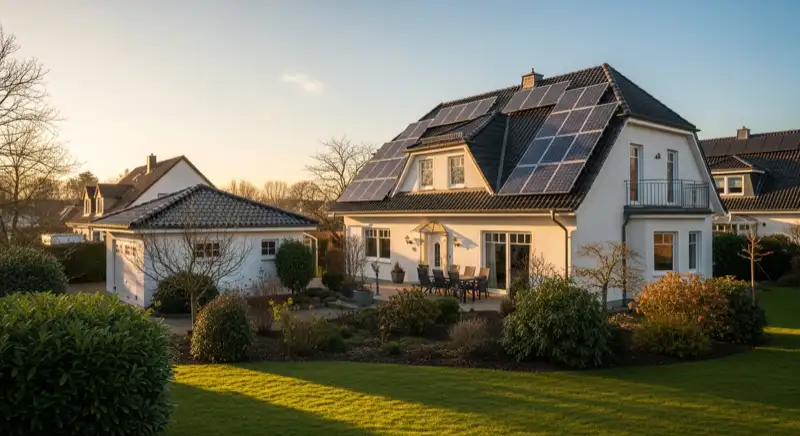German detached house (Einfamilienhaus) with photovoltaic panels on pitched roof, well-maintained garden, warm afternoon sunlight