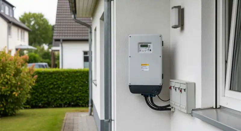 Modern German electrical meter cabinet (Zählerschrank) with smart meter and solar inverter connection, clean technical installation