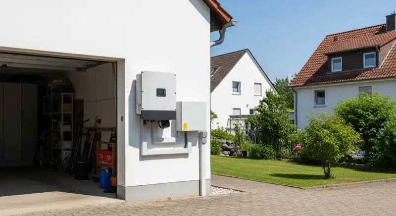 Modern solar inverter mounted on garage wall next to electrical panel, clean professional installation, natural daylight