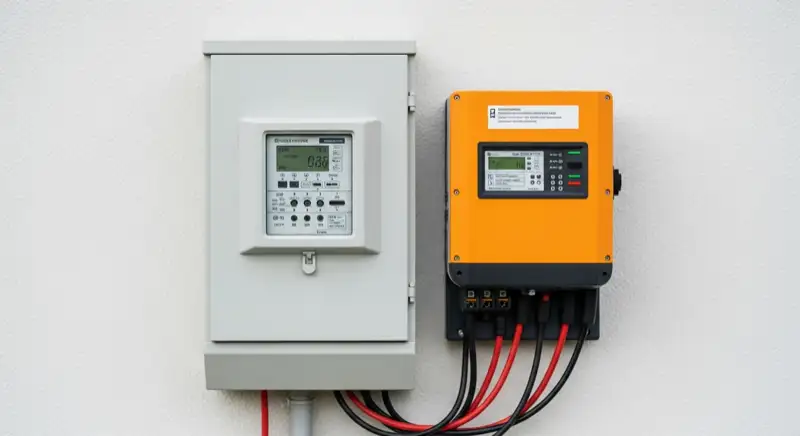 Modern German electrical meter cabinet (Zählerschrank) with smart meter and solar inverter connection, clean technical installation