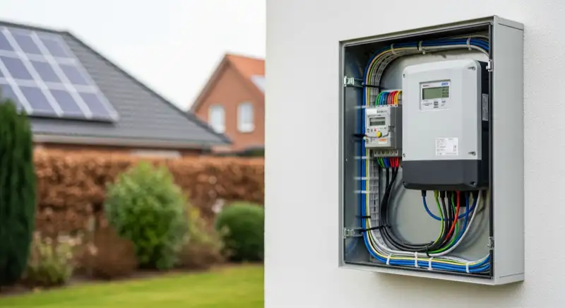 Modern German electrical meter cabinet (Zählerschrank) with smart meter and solar inverter connection, clean technical installation