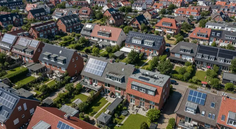 Aerial drone view of typical German residential neighborhood with mixed roof types, red and dark roof tiles, gardens visible, sunny day