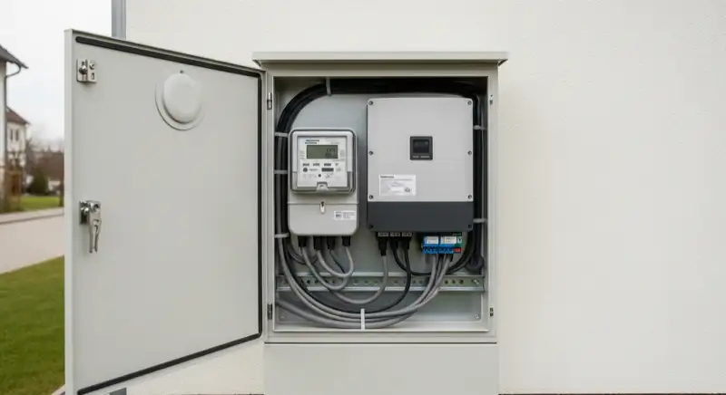 Modern German electrical meter cabinet (Zählerschrank) with smart meter and solar inverter connection, clean technical installation