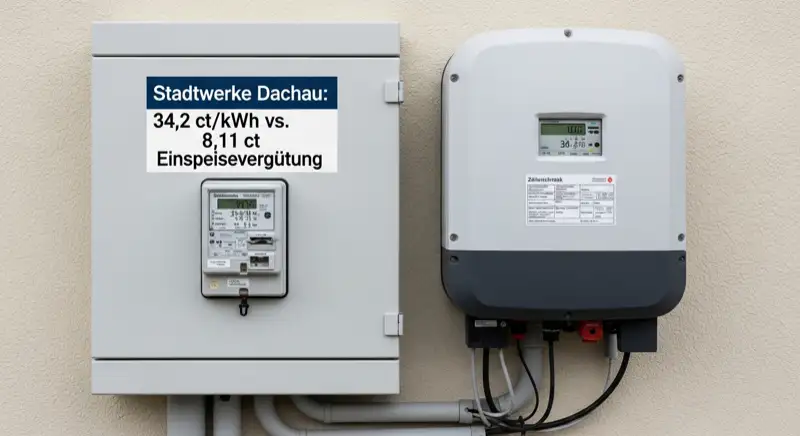 Modern German electrical meter cabinet (Zählerschrank) with smart meter and solar inverter connection, clean technical installation