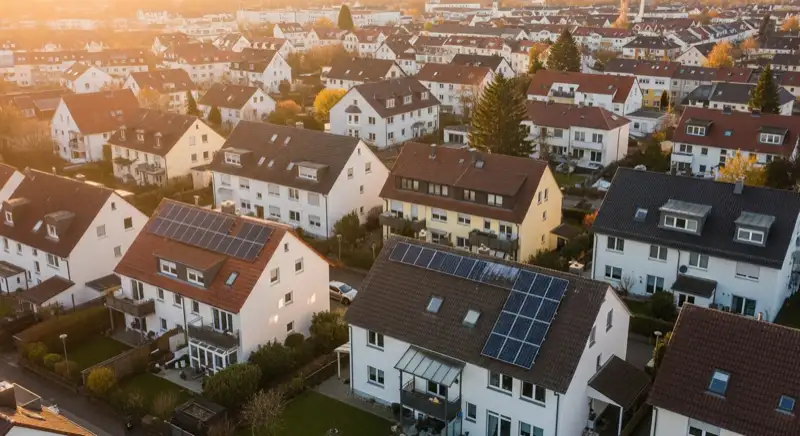 Aerial drone view of typical German residential neighborhood with mixed roof types, red and dark roof tiles, gardens visible, sunny day