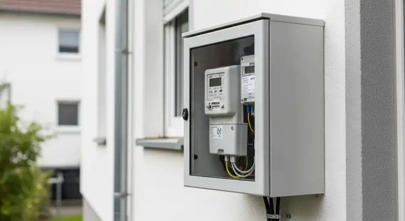 Modern German electrical meter cabinet (Zählerschrank) with smart meter and solar inverter connection, clean technical installation