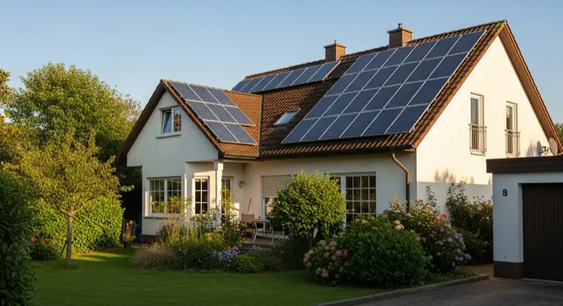 German detached house (Einfamilienhaus) with photovoltaic panels on pitched roof, well-maintained garden, warm afternoon sunlight