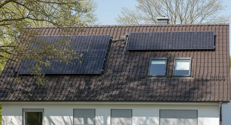 Einfamilienhaus in Waldersee mit Solarmodulen auf zwei Dachseiten und Schatten durch benachbarte Bäume