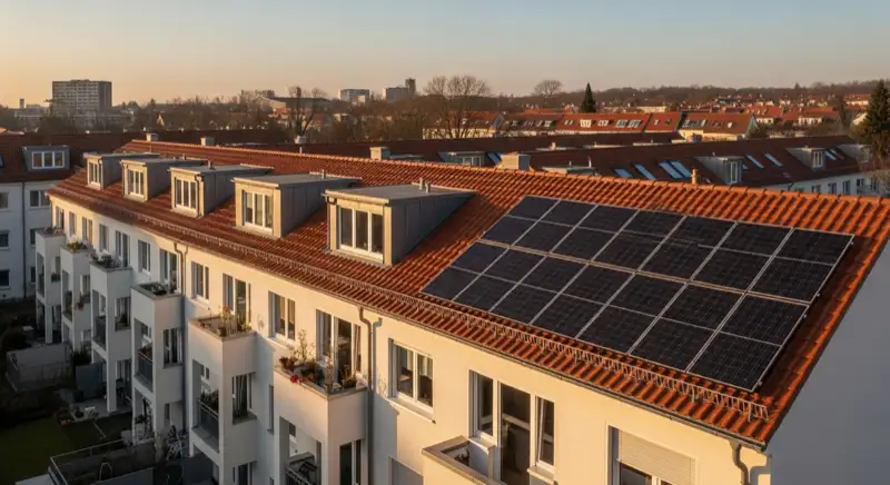 Historische Reihenhäuser in Dessau-Törten mit zurückhaltend integrierter Photovoltaikanlage