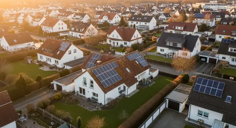 Aerial drone view of typical German residential neighborhood with mixed roof types, red and dark roof tiles, gardens visible, sunny day