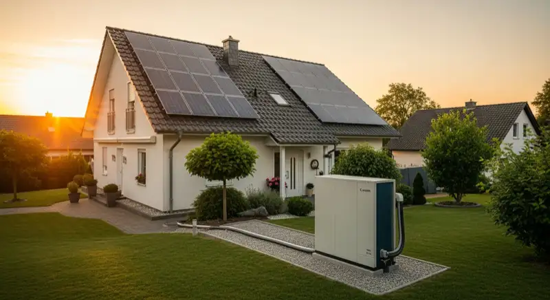 Wärmepumpen-Außeneinheit vor Einfamilienhaus in Dinslaken mit PV-Anlage auf dem Dach