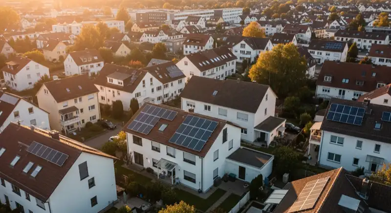 Aerial drone view of typical German residential neighborhood with mixed roof types, red and dark roof tiles, gardens visible, sunny day