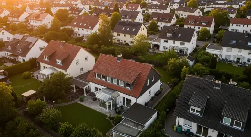 Aerial drone view of typical German residential neighborhood with mixed roof types, red and dark roof tiles, gardens visible, sunny day