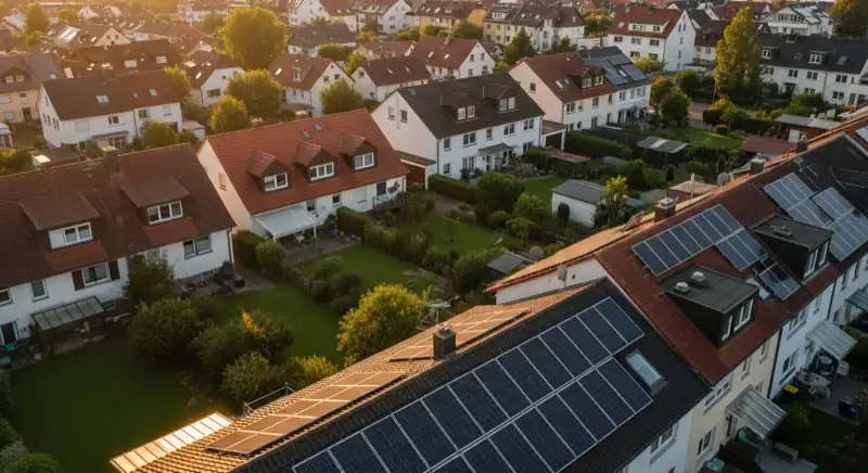 Aerial drone view of typical German residential neighborhood with mixed roof types, red and dark roof tiles, gardens visible, sunny day