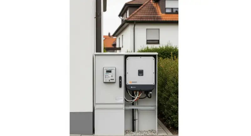 Modern German electrical meter cabinet (Zählerschrank) with smart meter and solar inverter connection, clean technical installation