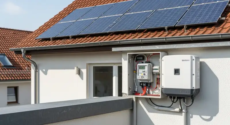 Modern German electrical meter cabinet (Zählerschrank) with smart meter and solar inverter connection, clean technical installation